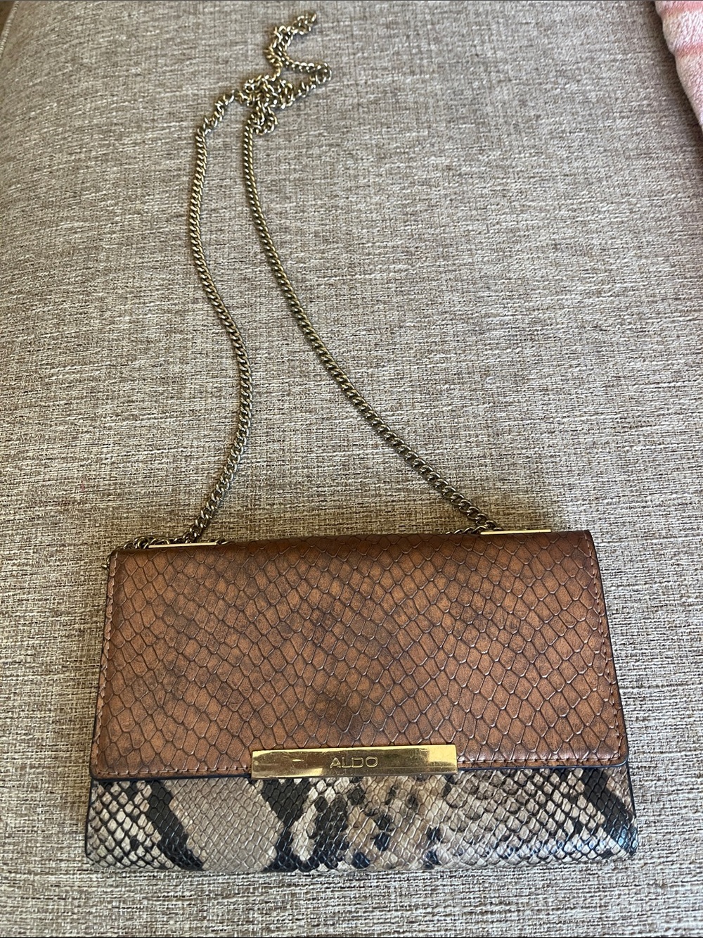 Aldo Two-Tone Brown Snake-Print Chain Crossbody